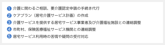 1.介護に関わるご相談、要介護認定申請の手続き代行
2.ケアプラン（居宅介護サービス計画）の作成
3.介護サービスを提供する居宅サービス事業者及び介護福祉施設との連絡調整
4.市町村、保険医療福祉サービス機関との連絡調整
5.居宅サービス利用時の苦情や疑問の受付対応